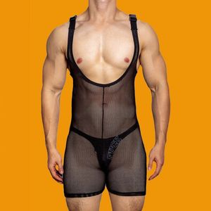 Mens sexy tight-fitting solid color mesh see-through jumpsuit shaping breathable sexy suspenders home underwear for men 240410