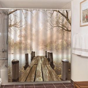 Dusch gardiner retro trä bro damm vattentätt tyg polyester natur landskap bad gardin hem dekor badrum tillbehör
