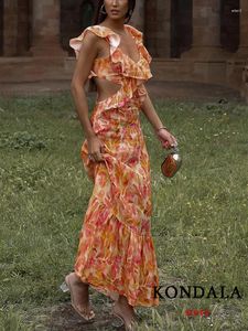 Lässige Kleider Kondala Vintage Sexy Chic Blume Frauen Kleid V-Ausschnitt Rückenlose Rüschen gerade lange Mode 2024 Sommerseitenloch