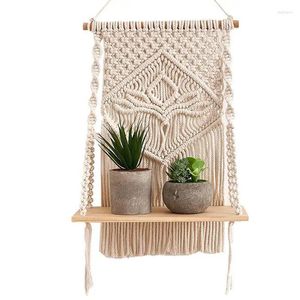 Tapestries Macrame Wall Hung Plant Shelf Wood Floating Rustic Decor Boho White Shelves Organizer Handmade Woven Rope