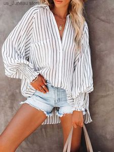 Women's Blouses Shirts 2023 Spring Fall Lantern Slve Striped Shirt Blouse Women Lapel Buttons Loose Shawl Cover-Ups Elegant Beach Bikini Cover Up 1 T240415