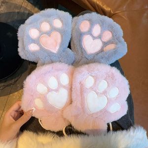 2024 Autumn and winter new half finger cat claw gloves female winter Korean version cute plush student winter plus fleece thickened warm dew five finger gloves