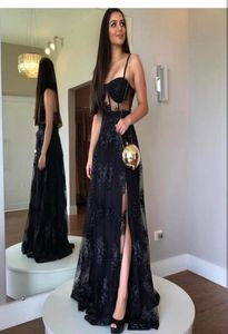 Black Evening Dress ALine Sweetheart Floor Length Side Slit Spaghetti Strap Lace Appliques Backless Elegant Party Prom Gown3515125