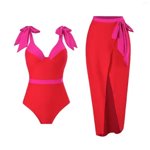 Women's Swimwear 2024 Sexy Tie-shoulder Color Block One Piece Swimsuit Skirt Women Luxury Bikinis Set Beach Bathing Suit