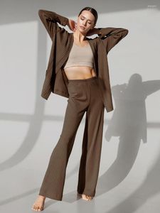 Женская одежда для сна Мартакики повседневные коричневые женщины ночные рубашки 2 куска с длинным рукавом сексуально V-образное пижама широкие брюки для ног женская домашняя одежда