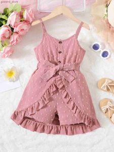 Kläder sätter nya 2024 Child Girl Summer Bodysuit Sling Solid Color Jumpsuit med Belt Fashion Holiday Party Clothing for Kid Girl 4-7 år Y240412