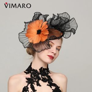 Vimaro Orange Black White Derby Hat Niebieskie fascynatory dla kobiet eleganckie sinamay fascynator czapki ślub i kościół 240401