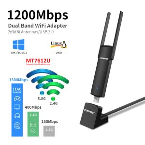 Kartlar WiFi USB3.0 Adaptörü 1200Mbps Çift Bant MT7612U WI FI Adaptador Anten Dongle Windows/Linux Masaüstü/Dizüstü bilgisayar/PC Kablosuz Alıcı