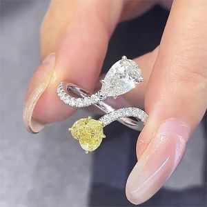 Anelli a grappolo s925 anello d'argento a doppio cuore a forma di cuore goccia gialla diamante radiante ad alto carbone femminile