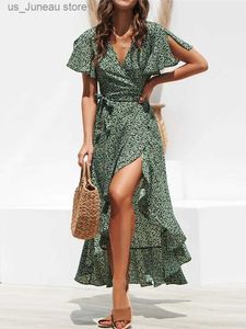 Grundläggande avslappnade klänningar långa wrap -klänningar för kvinnor 2022 Summer Boho Style Floral Print Maxi Beach Dress Sexig sidoslit Party Dress Sundress Vestidos T240412