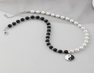 Chokers Round Pearl Beads Yin Yang Taichi Pendant Stainless Steel Chain Unisex Necklace Couple Jewelry Women Mens2548217