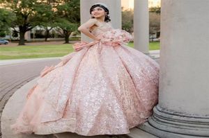 Румяние розовые платья Quinceanera Ball Hown для Sweet 16 Pless Bow Sequits