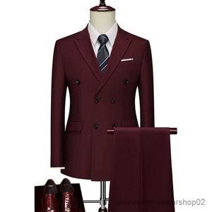 Men's Suits Blazers 2023 Fashion New Mens Business Double Breasted Solid Color Suit Coat / Male Slim Wedding 2 Pieces Blazers Jacket Pants Trousers