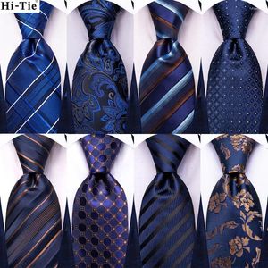 Bow Ties Hi-Tie Jacquard Striped Navy Blue Elegant Men Tie Silk Necktie For Hankerchief Cufflink Wedding Business Fashion Designer