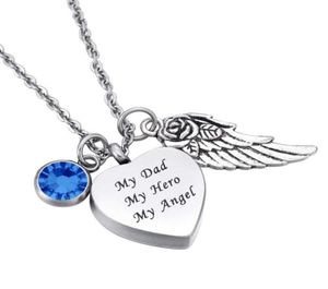 Cremazione in acciaio inossidabile Mio padre My Hero My Angel Heart Memorial Birthstone Penderant Ashes Necklace Nome personalizzato inciso 5192371421