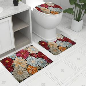 Badmatten 3pcs Matte Set Böhmen-Blume Anti-Rutsch-Teppich Türmat Toilettendeckel verdeckter Teppichzubehör