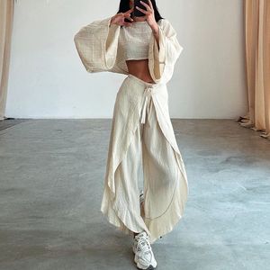 Spring Casual Solid Cotton Linen Suit Summer O Neck Crop Toplaceup Ruffle Pants Outfit Set for Women flare hylsa ihåliga 2 st 240412