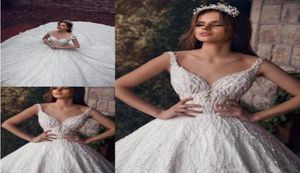 Saudi Arabic Luxury Wedding Dresses 2019 Sparkle Sequins Beads Lace Bridal Gowns Sweep Train Plus Size A Line Chapel Wedding Dress7551807