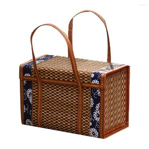 Servis uppsättningar av fruktkorg vävt förvaringslock dekorativ bambu handväska picknick handhållen utomhusbarn