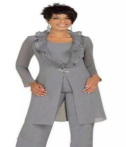 Gray Mother of the Bride Pant Suits with Long Jacket Chiffon Cheap Mother Dress Women Wedding Guest Dresses Custom Made Evening Ou5086241