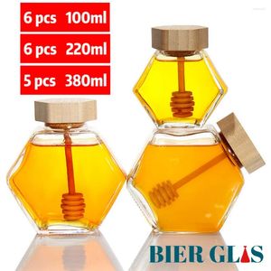Storage Bottles 6pcs Hexagon Honey Jar With Dipper Dispenser Glass Bottle Packaging Spoon Bamboo Lid Kitchen Containers
