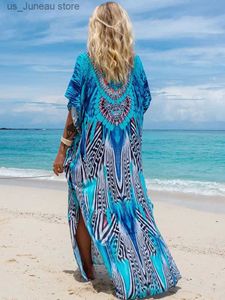 Grundläggande casual klänningar Bohemian Seaside Plus Size Print Kaftan Long Dress Sexig V Neck Loose Robe Women 2024 Summer Beachwear Swimsuit Cover-Ups Q1415 T240415