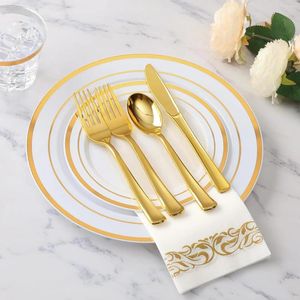 Disposable Dinnerware 350 Piece Gold Set For 50 Guests Plastic Plates Party Include Rim Dinner