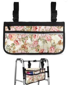 Stume da stoccaggio con foglia di fiori vintage sacca per sedie a rotelle astratta con tasche laterale scooter elettrico a piedi