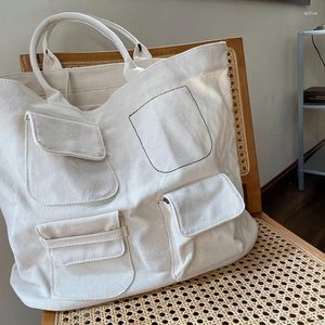 Bolsas de ombro 2024 Korea Summer Casual Canvas Handbag Ins Moda Moda Sólida Feminina Multi-Pocket Compras de grande capacidade