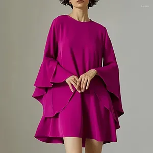 Casual Dresses 2024 Lady Temperament Solid Party Mini Dress O-Neck Butterfly Sleeve A Line Elegant Office Ruffled Loose