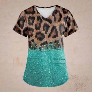 Женские футболки Summer Retro Leopard Print Print Print Working Uniform Tops для женщин Cross V-образный с коротким рукавом прекрасные забавные футболки корейские