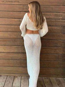 Женские купальники Hirigin Women y2k Hollow Out Maxi Skirt Set Set Crochet Long Slve Top Top Top Conteckcon Long Dloble Длинная юбка 2 костюма 1 T240415