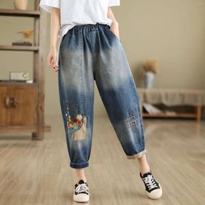 Women's Jeans Aricaca High Quality Women M-XL Flower Embroidered Printed Loose Waist Denim Pants