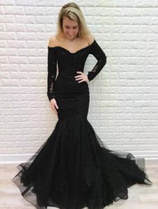 Sexig svart långärmad sjöjungfru Kväll Formell klänningar Applique Lace Sequin Pärlad Tulle Scoop Neck Backless Pageant Prom Party Dre3109907