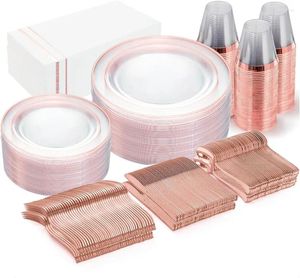 Dince per le taglieri usa e getta 350pcs in plastica in oro rosa dispostibili include 100 piastre sgusciate 150 Silverwar