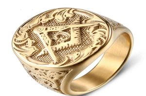 Ring Men Masonic Signet Rings Gold Big Wide Mens for Man rostfritt stål Gyllene manliga tillbehör Pride Rock Punk Jewelry Cluster8945487