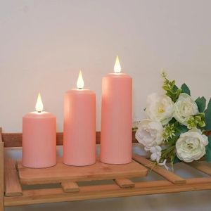 Set of 3 USB Rechargeable Remote controlled wtimer led Candle Flameless Roman Pillar Outdoor Waterproof Candles sets Light 240412