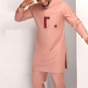 Casamento rosa de Kaftan Pockets Tops Calças Africano Roupas de Roupas Tadicionais Africanas Com roupas de Kaunda de 2pcs da moda Conjunto 240410