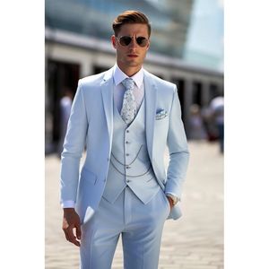 Stevditg Sky Blue Suits For Men Notched Lapel Single Breasted Satin Elegant 3 Piece Jacket Pants Vest Slim Fit Wedding Costume 240412