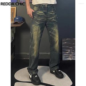 Men's Jeans REDDACHIC Zipper Pockets Straight Whiskers Vintage Wash Loose Causal Denim Pants Male Trousers Korean Y2k Streerwear