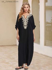 Basic Casual Dresses LORYLEI Black Embroidered Sexy V Neck Batwing Slve Kaftan Dress For Women 2024 Summer Classical Lounging Maxi Dresses Q1631 T240412