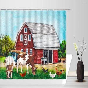 Duschgardiner Farmhouse Barn Truck Curtain Old Farm Antique Car Cow Pig Chicken Green Forest Rustic Oil Målning Badrumsdeko