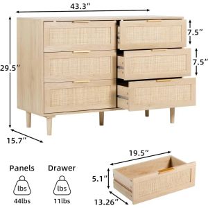 Fuqarhy 6 Çekmeci Dresser Rattan Dresser Çekmeceli Modern Göğüs, Ahşap Depolama Dolap Dresser Bedroom için Çekmeceli Göğüs