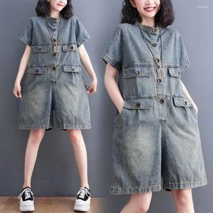 Womens Jeans Summer Denim Overalls Short Sleeve Jumpsuit Women Vintage Streetwear Hip Hop Loose Wide Leg One Piece Shorts Sets Romper