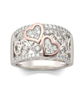 Anéis de coração duplo de cor de ouro rosa romântico para mulheres moda full zircon weaking rings dedo jóias de festas encantadoras de festa6758301