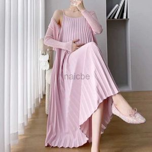 Maternity Dresses Maternity Dresses Summer Chiffon Sling Sleeveless Pleated Dress Plus Size Pregnancy Dress + Coat Clothes for Pregnant Women 240412