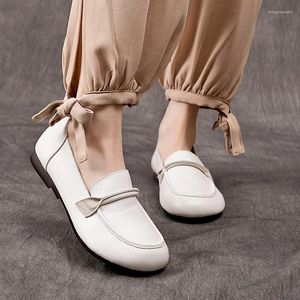 Casual skor 1,8 cm ko naturlig äkta läder kvinnor nyhet autentisk sommar retro eleganslägenheter grunt rund tå sofe soled comfy