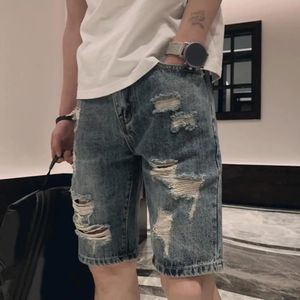 Summer Ripped Holes Denim Shorts Mid-rise Pockets Zipper Button Fly Straight Leg Knee Length Men Short Jeans Streetwear 240412