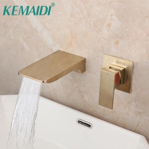 Bathroom Sink Faucets KEMAIDI Brushed Gold Bathtub Faucet Wall Mounted Soild Brass Waterfall Water Basin Mixer Tap Set