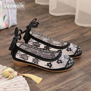 Sapatos casuais veowalk vintage bordado feminino gaze malha tornozelo tira de balé de salão preto verão grish confortável